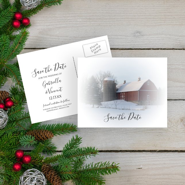 Snowy Barn and Silo Winter Wedding Save the Date Announcement Postcard (Creator Uploaded)