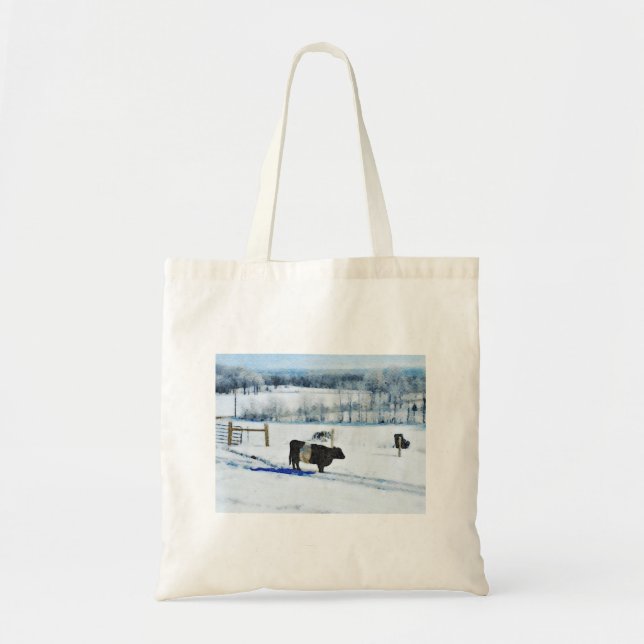 Snowy Belted Galloway Cow in Snow Watercolor Tote Bag (Front)