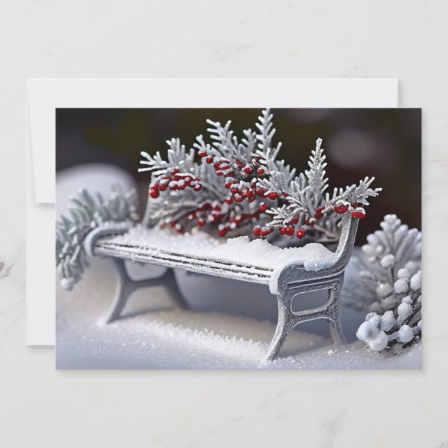 Snowy Bench with Winterberry Sprigs Holiday Card (Front)
