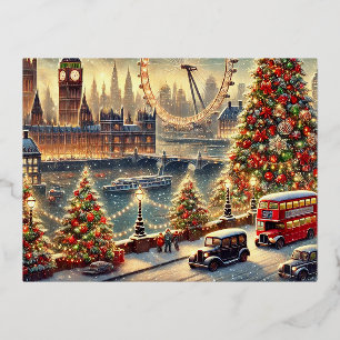 Snowy Big Ben & Festive London Skyline Foil Holiday Postcard