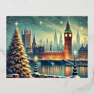 Snowy Big Ben & Festive London Skyline Foil Holiday Postcard