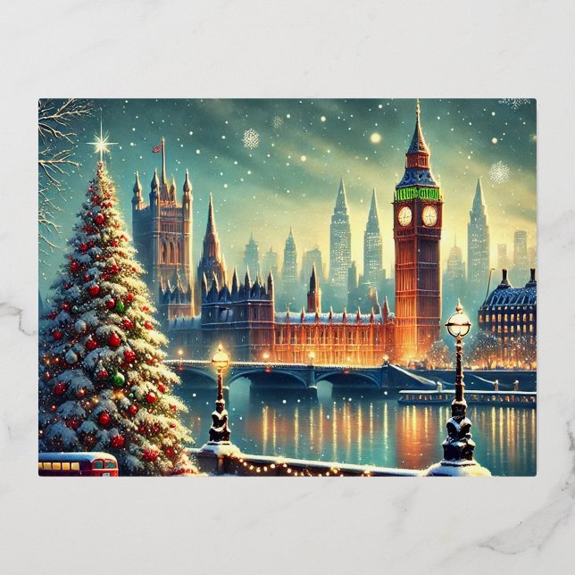 Snowy Big Ben & Festive London Skyline Foil Holiday Postcard (Front)
