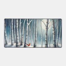 Snowy Birch Forest Desk Mat with Fox