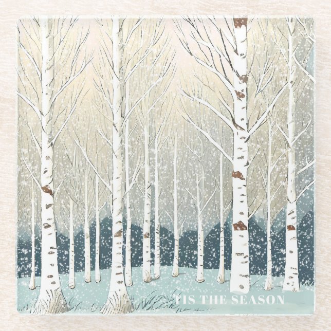 Snowy Birch Trees Christmas Teal ID1003 Glass Coaster (Front)
