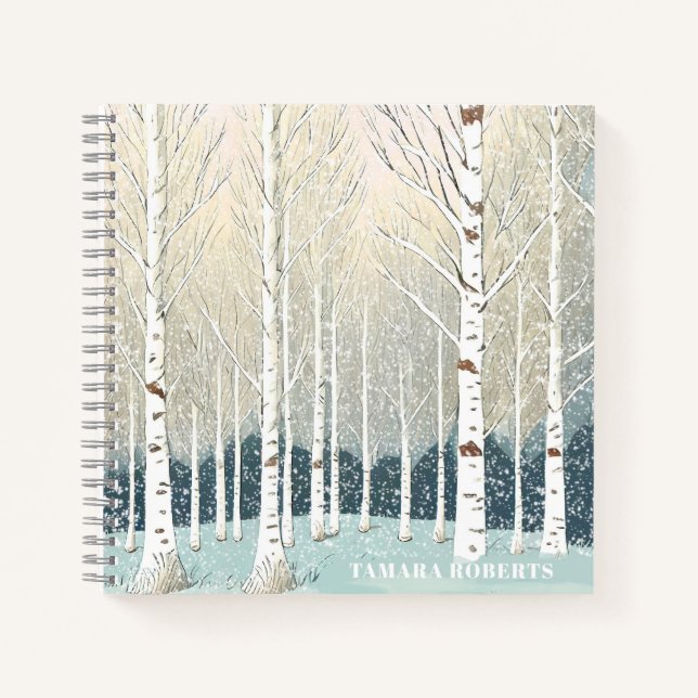 Snowy Birch Trees Christmas Teal ID1003 Notebook (Front)