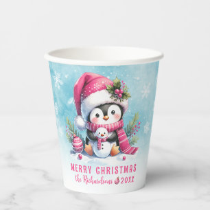 Snowy Blue and Pink Cute Penguin Merry Christmas Paper Cups