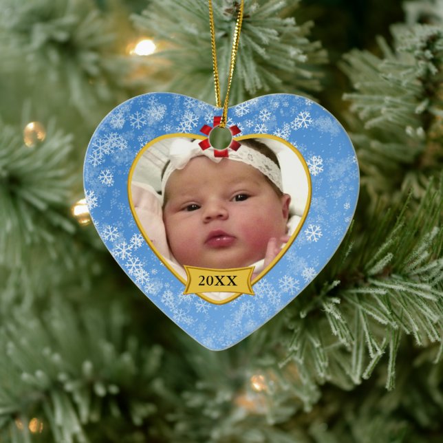 Snowy Blue Baby's 2 Sided Photo Keepsake Ceramic Ornament (Tree)