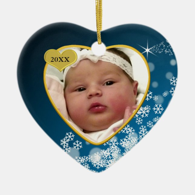 Snowy Blue Baby's Birth Year Photo Christmas Ceramic Ornament (Front)