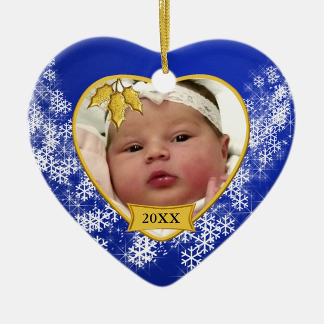 Snowy Blue Baby's First Christmas Photo Birth Info Ceramic Ornament (Front)