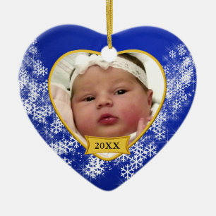 Snowy Blue Baby's first Christmas Photo Ceramic Ornament