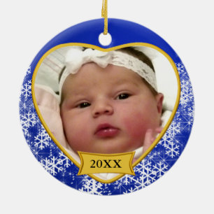 Snowy Blue Baby's Photo Christmas Ceramic Ornament