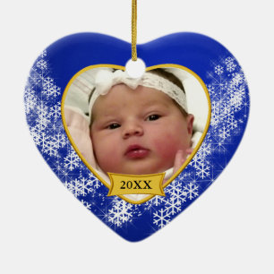 Snowy Blue Baby's Photo Christmas Ceramic Ornament
