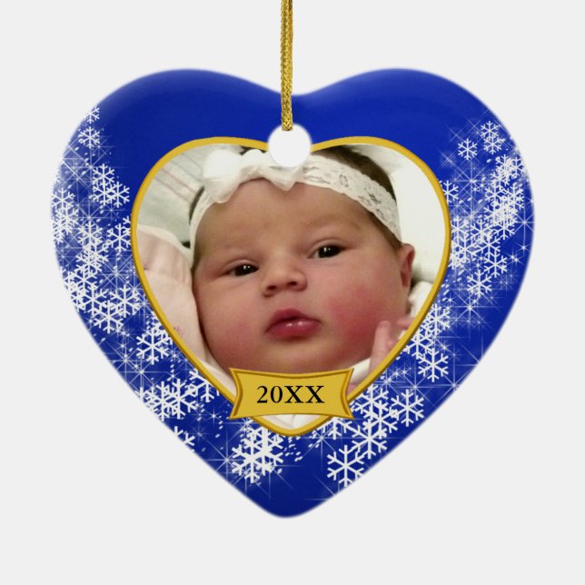 Snowy Blue Baby's Photo Christmas Ceramic Ornament (Back)