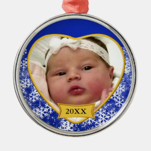 Snowy Blue Baby's Photo Heart Christmas Metal Ornament