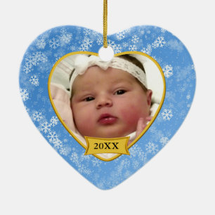 Snowy Blue Baby's Photo Keepsake Christmas Ceramic Ornament