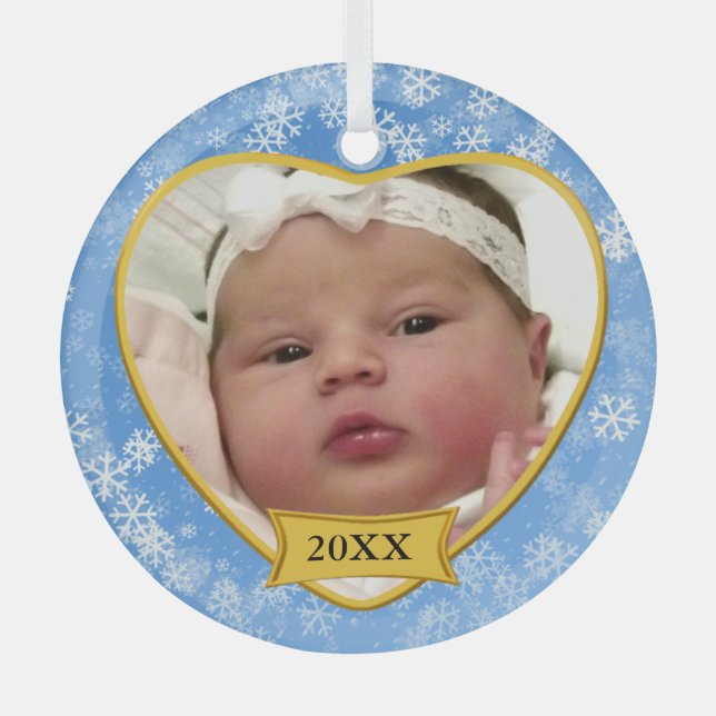 Snowy Blue Baby's Photo Keepsake Christmas Glass Ornament (Front)