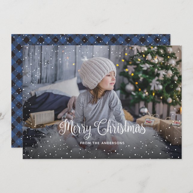 Snowy Blue Buffalo Plaid Photo Christmas Cards (Front/Back)