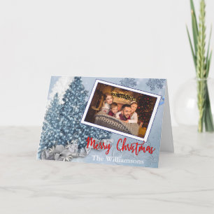 Snowy Blue Christmas Trees With Lace Photo Holiday Card