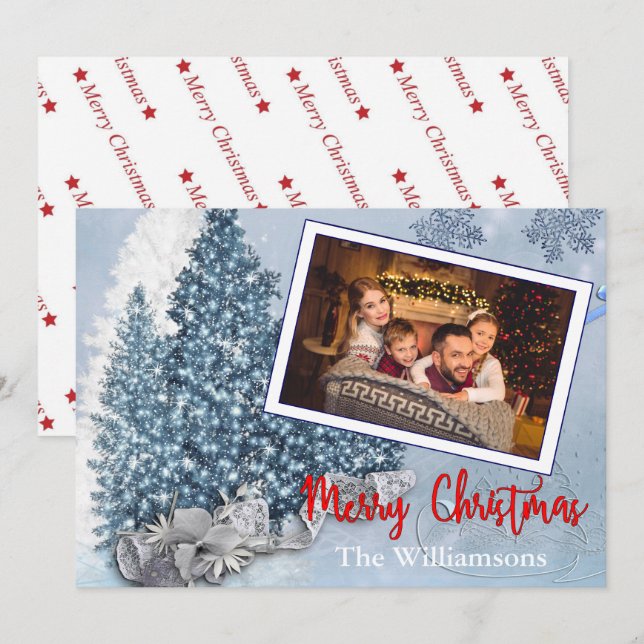Snowy Blue Christmas Trees With Lace Photo Holiday Card (Front/Back)