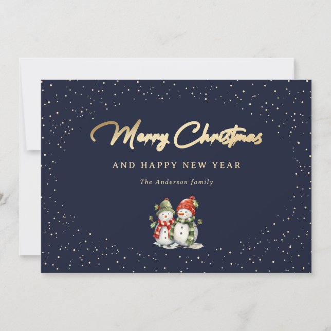 Snowy Blue Gold Snowman Holiday Card (Front)