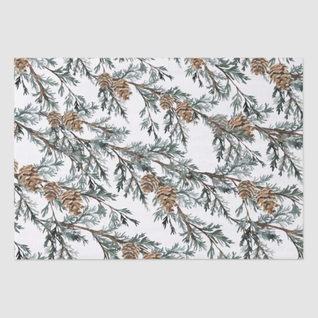 Snowy Blue Juniper Tree Branches & Cones Tissue Paper (Front)