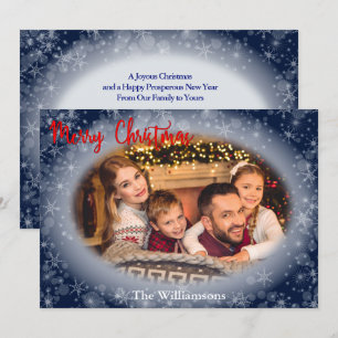 Snowy Blue Oval Photo Frame Christmas Holiday Card