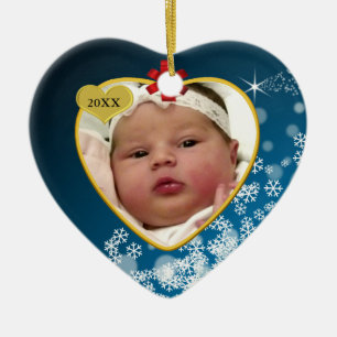 Snowy Blue Red Bow Baby's 1st Christmas Heart Ceramic Ornament