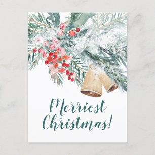 Snowy Blue Spruce Holly Berries & Kraft Bells Postcard