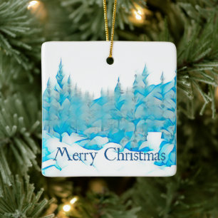 Snowy Blue Trees Ceramic Ornament