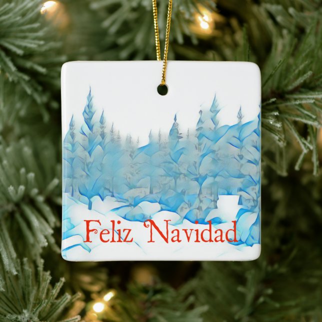 Snowy Blue Trees - Feliz Navidad Ceramic Ornament (Tree)