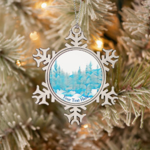 Snowy Blue Trees Snowflake Pewter Christmas Ornament