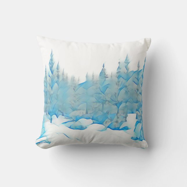 Snowy Blue Trees Throw Pillow (Front)