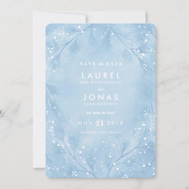 Snowy Blue Winter Wedding Save the Date Cards (Front)