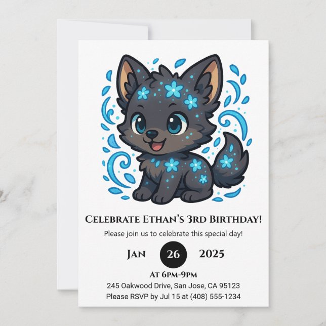 Snowy Blue Wolf Birthday Invitation (Front)