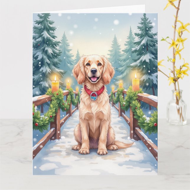 Snowy Bridge Boykin Spaniel Christmas Art Card (Yellow Flower)