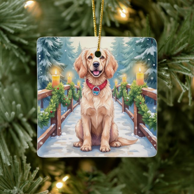Snowy Bridge Boykin Spaniel Christmas Art Ceramic Ornament (Tree)