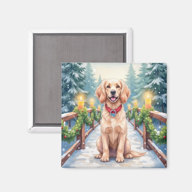 Snowy Bridge Boykin Spaniel Christmas Art Magnet (Front/Back)