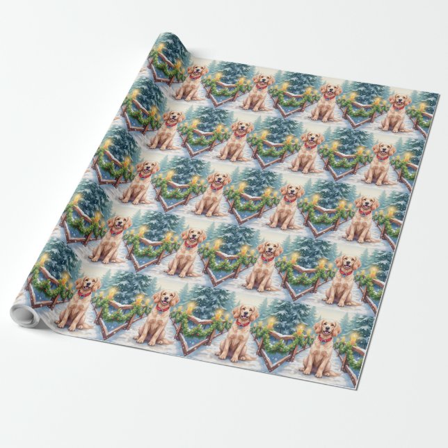 Snowy Bridge Boykin Spaniel Christmas Art Wrapping Paper (Unrolled)