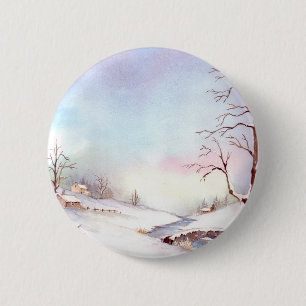 Snowy Bridge Watercolor Landscape Painting 2 Inch Round Button