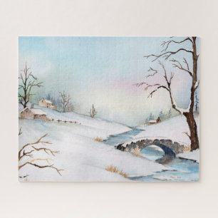 Snowy Bridge Watercolor Landscape Painting Jigsaw Puzzle