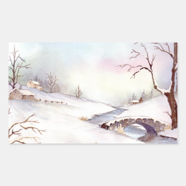 Snowy Bridge Watercolor Landscape Painting Sticker (Front)