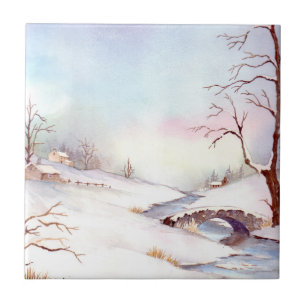 Snowy Bridge Watercolor Landscape Painting Tile