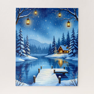 Snowy Cabin by the Lake with Lanterns and Starry S Jigsaw Puzzle