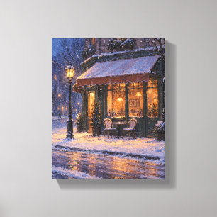 Snowy Café at Blue Hour Cozy Winter Canvas Print
