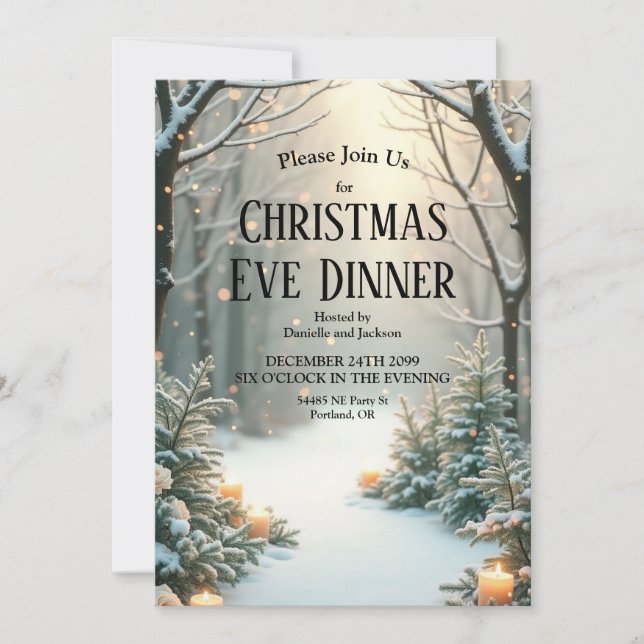 Snowy Candlelit Frosted Evergreens Invitation (Front)