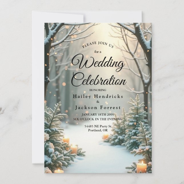 Snowy Candlelit Frosted Evergreens Invitation (Front)