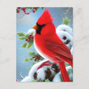 Snowy Cardinal Bird Graphic Postcard