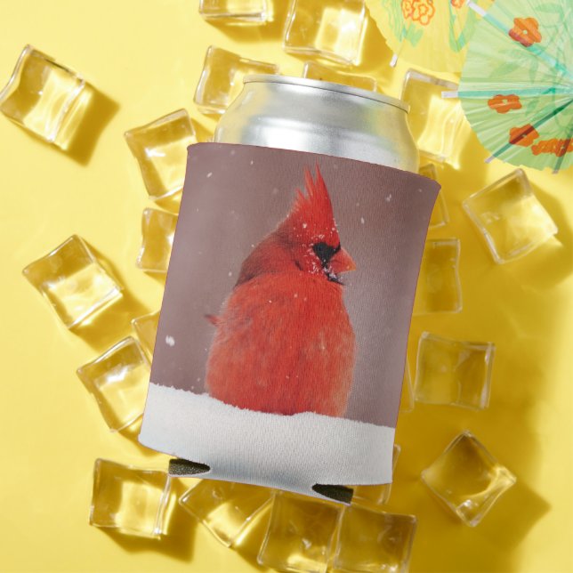 Snowy Cardinal Red Bird Cozy Can Cooler (In Situ Summer)