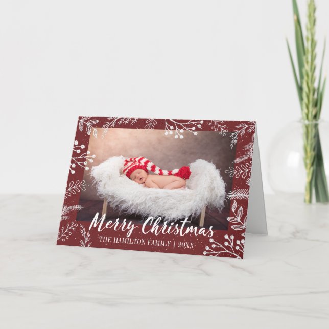 Snowy Chalk Branches Colour Editable Photo Holiday Card (Front)
