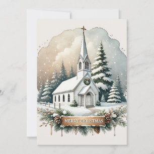 Snowy Chapel at Night   Glowing Christmas Scene Holiday Card